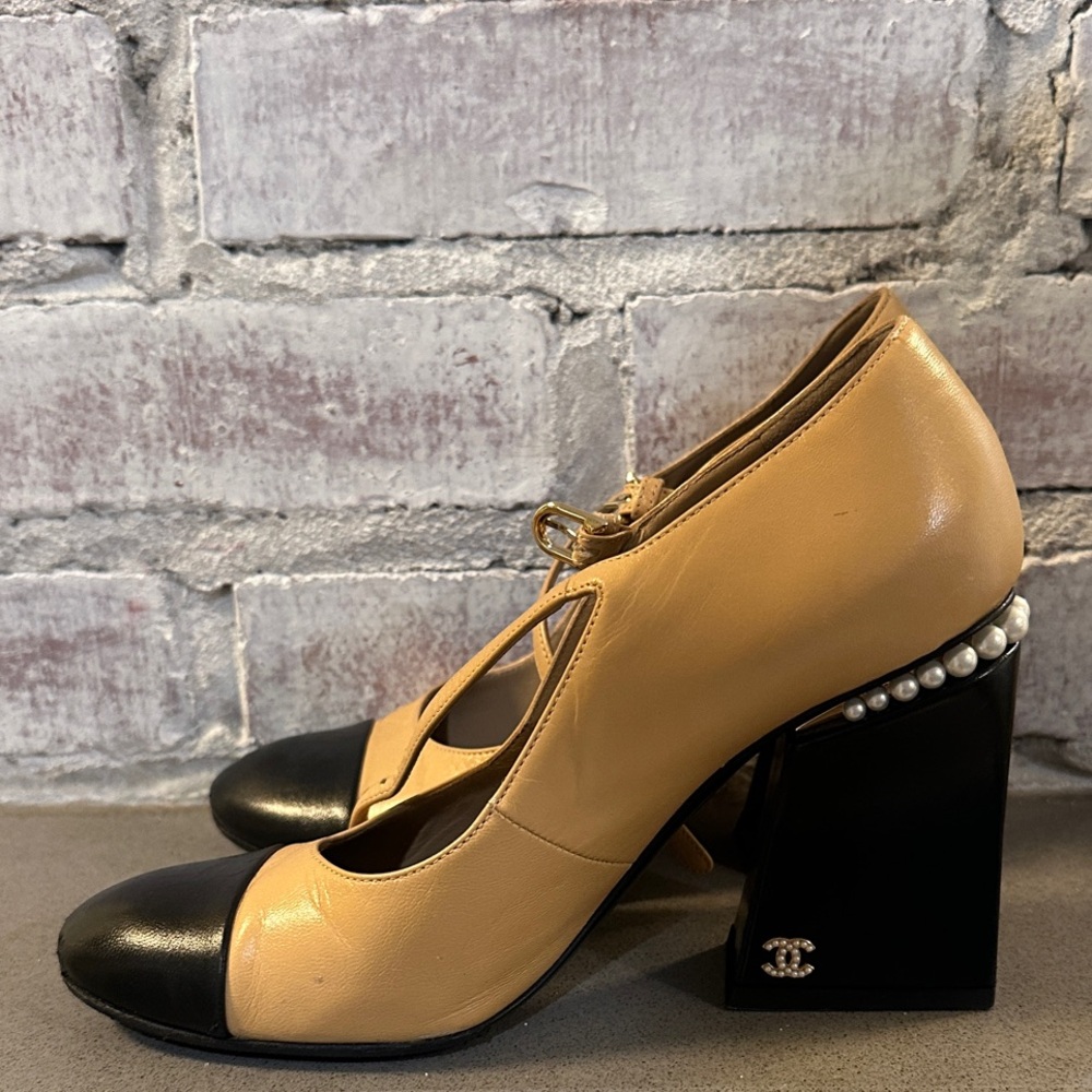 Authentic CHANEL Beige and Black Mary Jane Heels with Pearl Detail